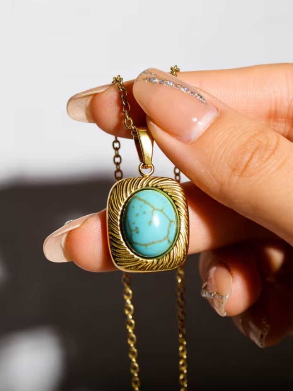 14K Gold Womens Square Turquoise Pendant Necklace Ladies New 14 K Silver Jewelry